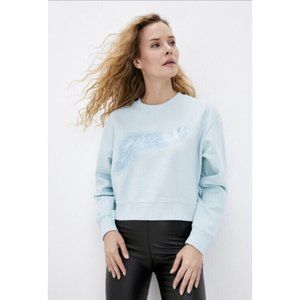 GUESS LONG SLEEVE LOGO CROPPED PULLOVER ALOE PALM SIZE L
